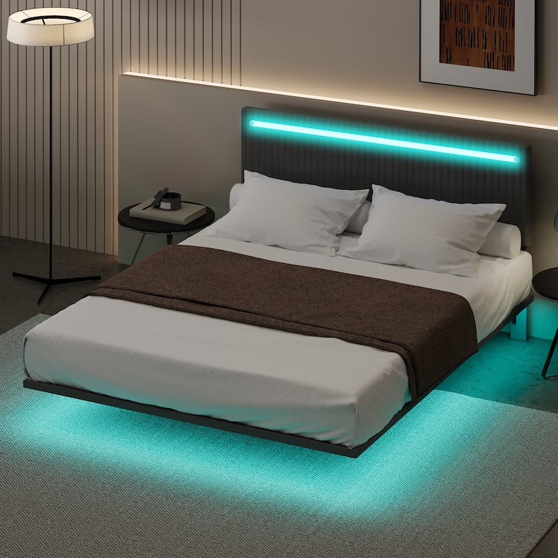 Queen Size Floating Bed Frame with Adjustable Velvet Headboard & RGB Lighting (No Box Spring Needed)