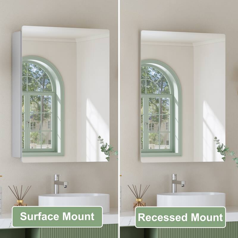 Mira Rectangular Frameless Medicine Cabinet with Mirror, Sliding Adjustable Glass Shelves, Reversible Door