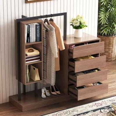 Open Wardrobe Clothing Rack with 4 Storage Drawers, Modern Closet Armoires with Hanging Clothes Rod & 3 Open Shelves, Espresso