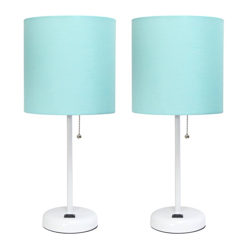 Stick Table Lamps with Drum Shade - 19.5" - White and Aqua Blue - Set of 2