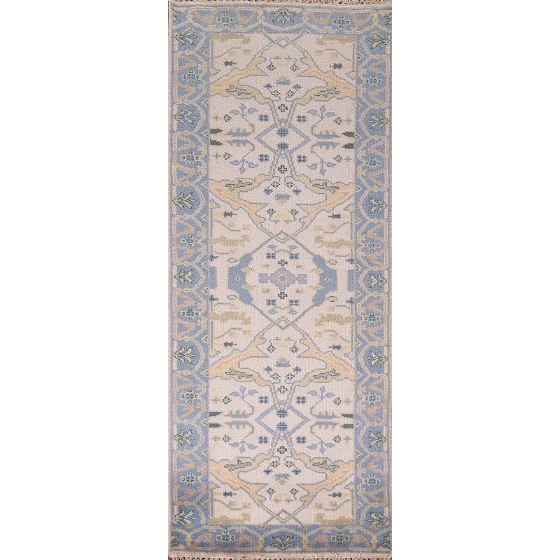 Ivory & Blue Oushak Oriental Runner Rug Handmade Wool Carpet - 2'6"x 7'9"