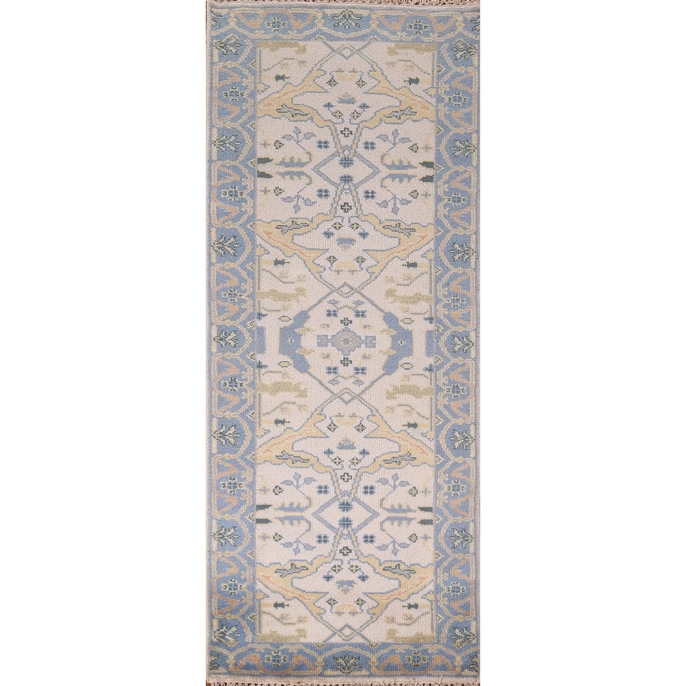 Ivory & Blue Oushak Oriental Runner Rug Handmade Wool Carpet - 2'6"x 7'9"