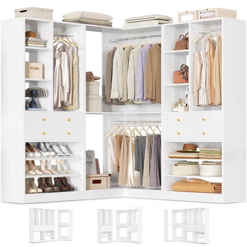 Set of 2/ 3 Coner Closet System with Shoe Racks and Drawers, Freestanding Closet Organizer with Hanging Rods and Shelves