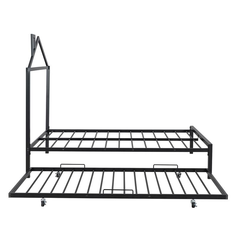 Metal Platform Bed with Twin Size Trundle,House-Shaped Headboard