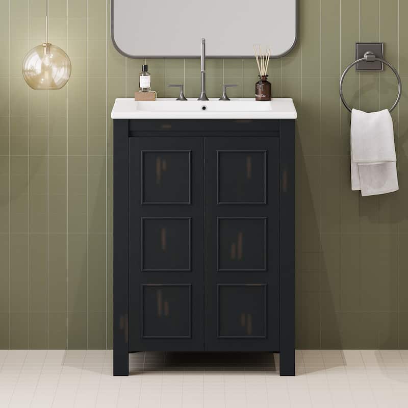 Multi Size Vanity for Bathroom with Ceramic Sink, Storage Cabinet with Groove Design Soft Close Doors and Adjustable Shelf - 24 Inch - Espresso