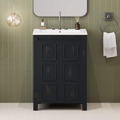 Roomfitters 24" Vintage Bathroom Vanity with Ceramic Sink, Compact Storage Cabinet with 2 Soft-Close Doors, Espresso
