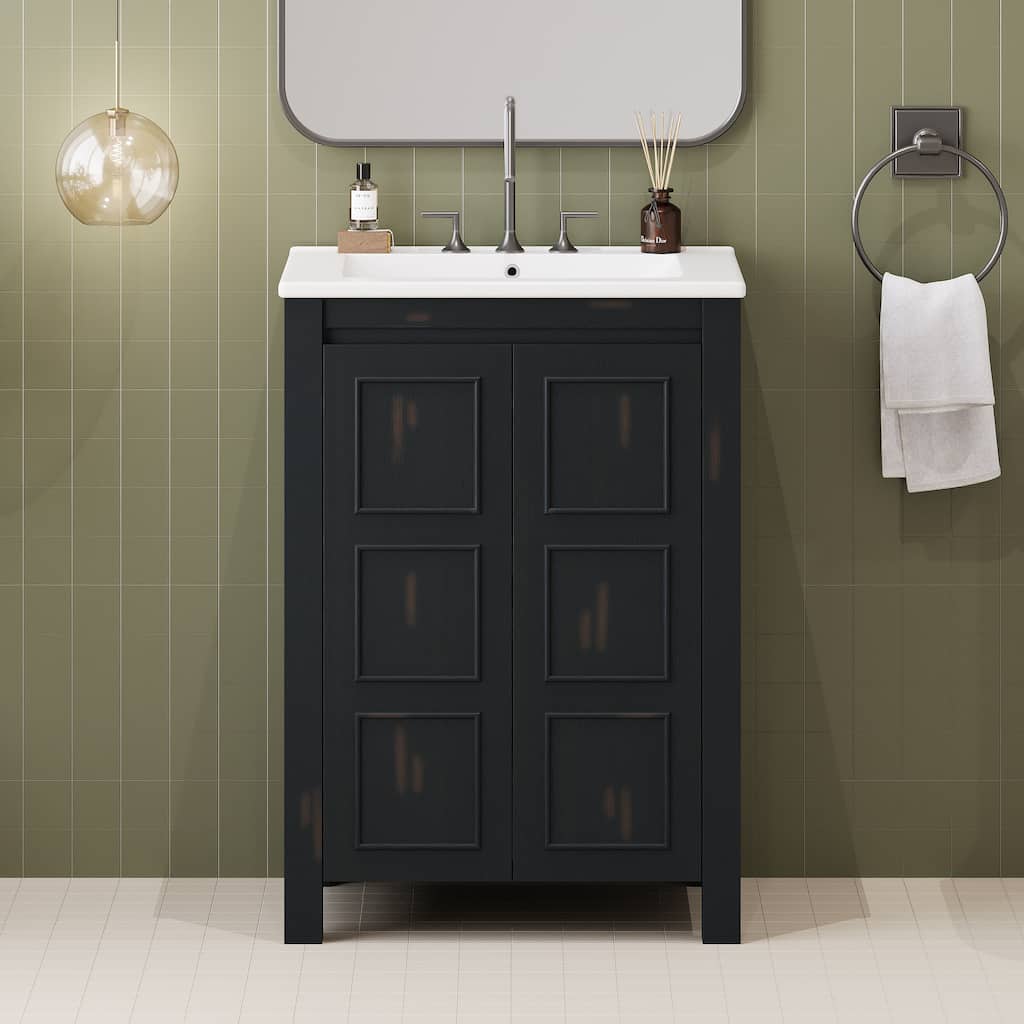 Roomfitters 24" Vintage Bathroom Vanity with Ceramic Sink, Compact Storage Cabinet with 2 Soft-Close Doors, Espresso