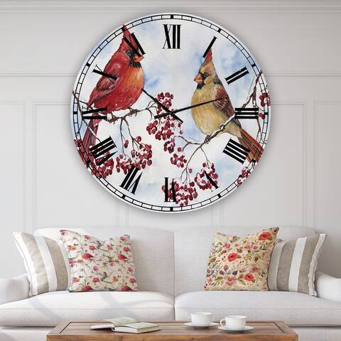 Designart 'Two Cardinals And Snowy Winter Berries' Oversized Cottage Wall Clock