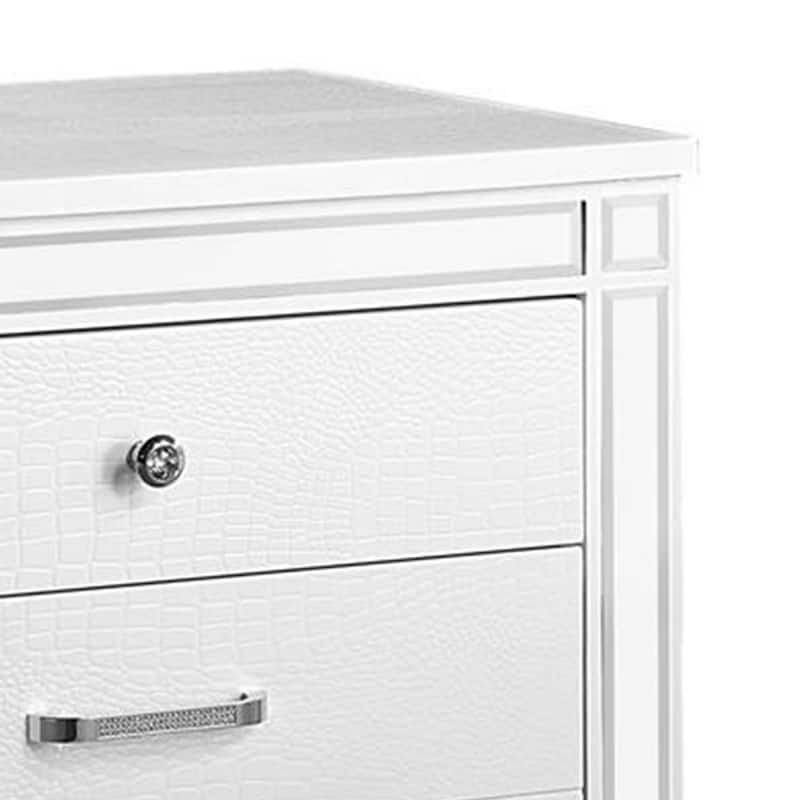Reya 29 Inch Nightstand, Classic White, Textured Panels, Mirrored Trim