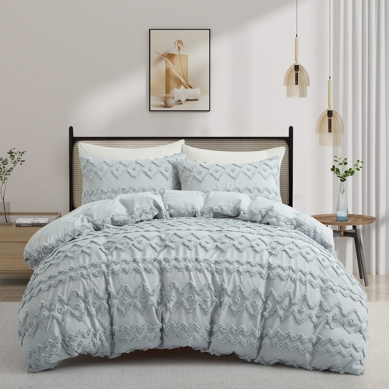 3 Piece Tufted Clipped Jacquard Geometric Oversized Duvet Cover Set - Full - Queen - Vertical Wave Stripe/Light Gray