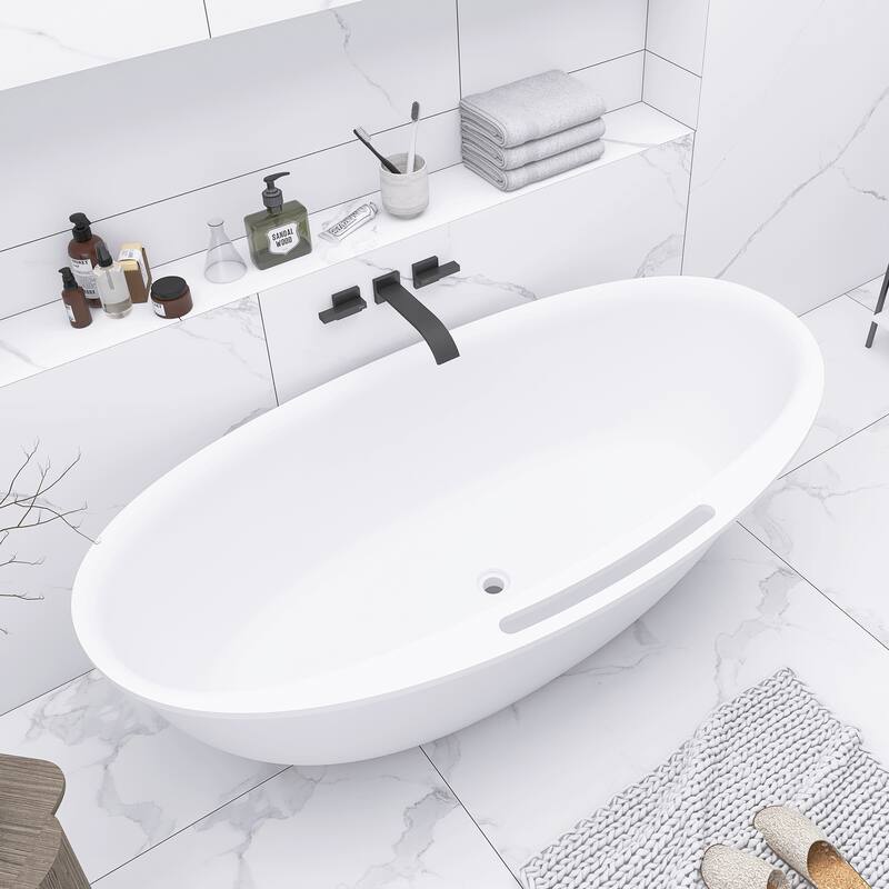 63/67 Inch Stone Resin Solid Surface Freestanding Soaking Bathtub with Center Drain in Matte White