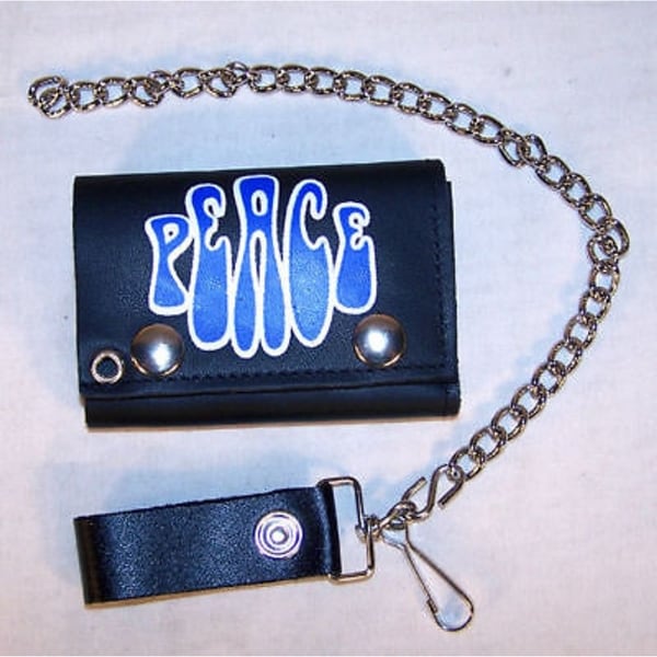 shop peace words trifold motorcycle biker wallet chain sign mens tri