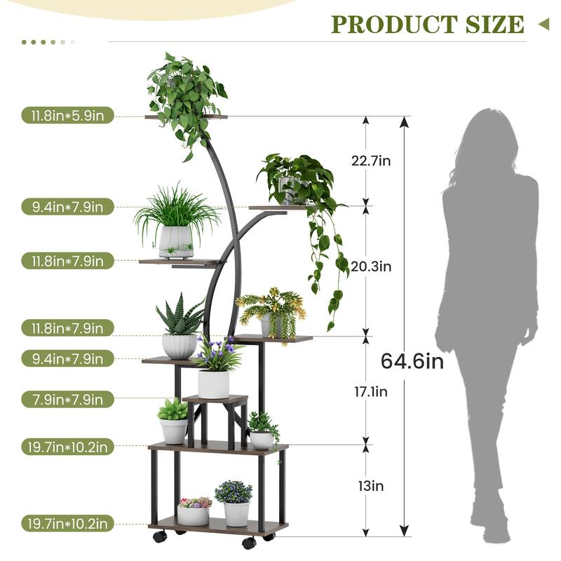 EROMMY Tall Rolling Plant Stand with Grow Lights, 8-Tier Indoor Corner Metal Plant Shelf with Wheels for Small Spaces