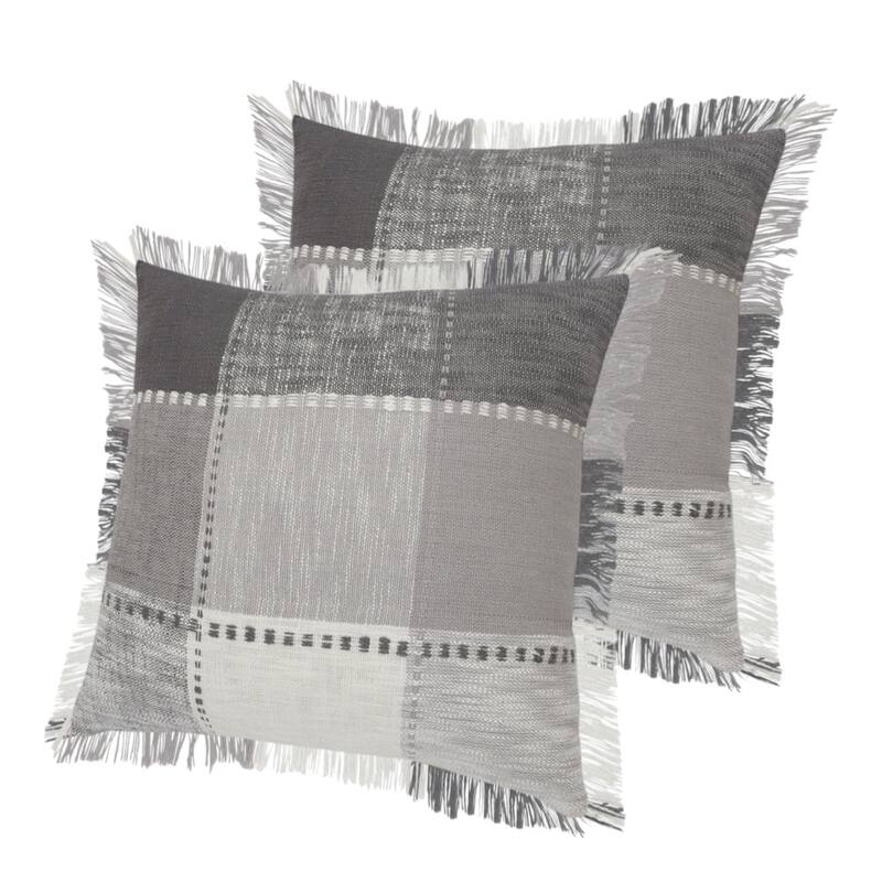 Set of Two 20" Gray And Off White Plaid Cotton Blend Throw Pillows with Fringe