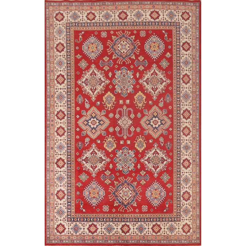 Red Kazak Area Rug Handmade Geometric Wool Carpet - 7'2"x 10'0"