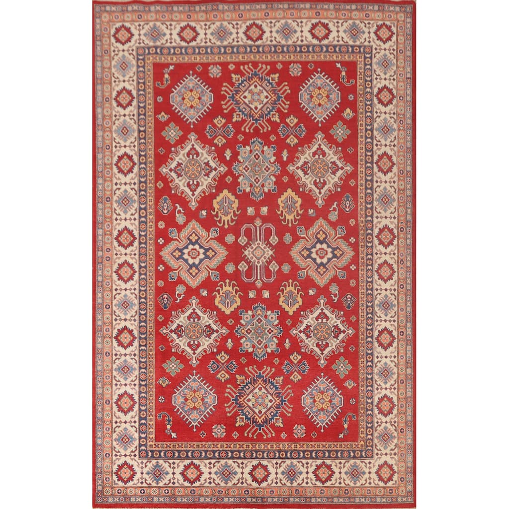 Red Kazak Area Rug Handmade Geometric Wool Carpet - 7'2"x 10'0"