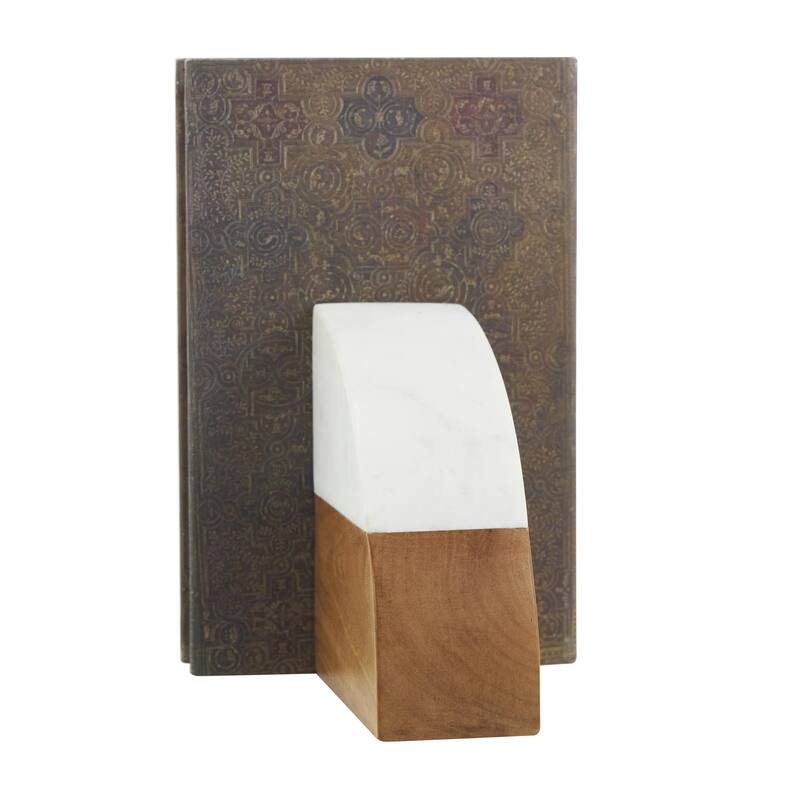 Mango Wood Geometric Arched 5 lbs Decorative Bookends with White Marble Tops - Set of 2 Brown - Roche River Decor