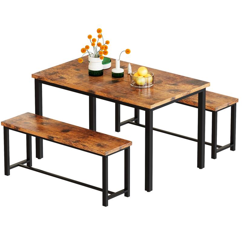 Dining Table Set with Two Benches, Kitchen Table Set for 4 Persons