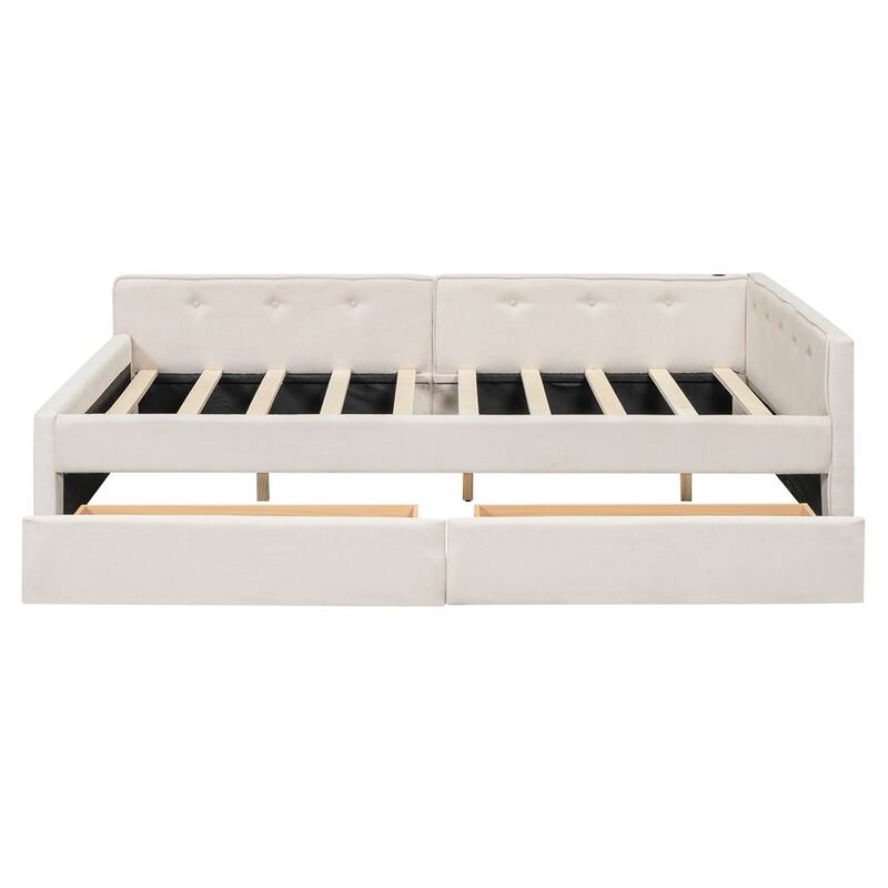 Full Size Upholstered Platform Bed with USB and 2 Drawers
