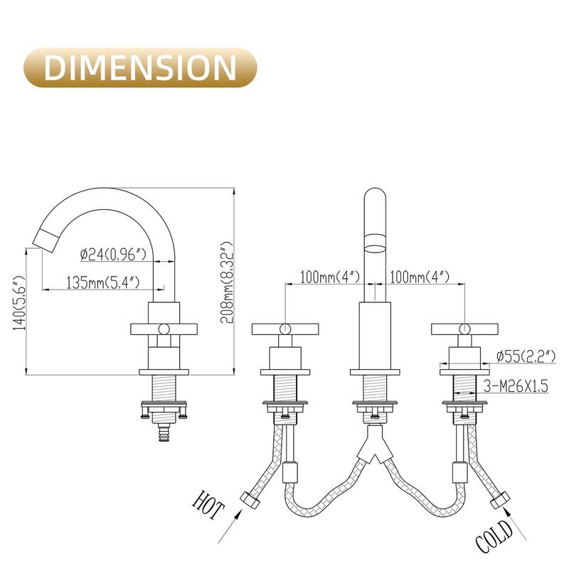 Modland 3-Hole Bathroom Faucet with 360-degree Swivel Spout & CEC Certified, Luxury Brushed Gold