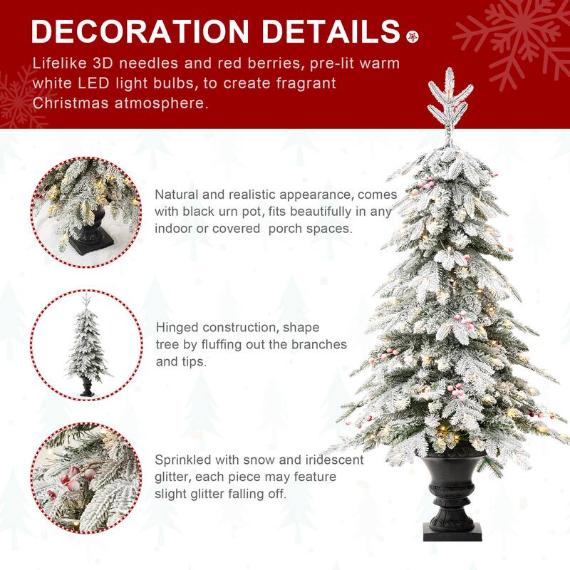 Glitzhome Artificial Christmas 5-Piece Set, 4ft Snow Flocked Artificial Potted Trees, Pinecone Berry Wreath and Teardrops
