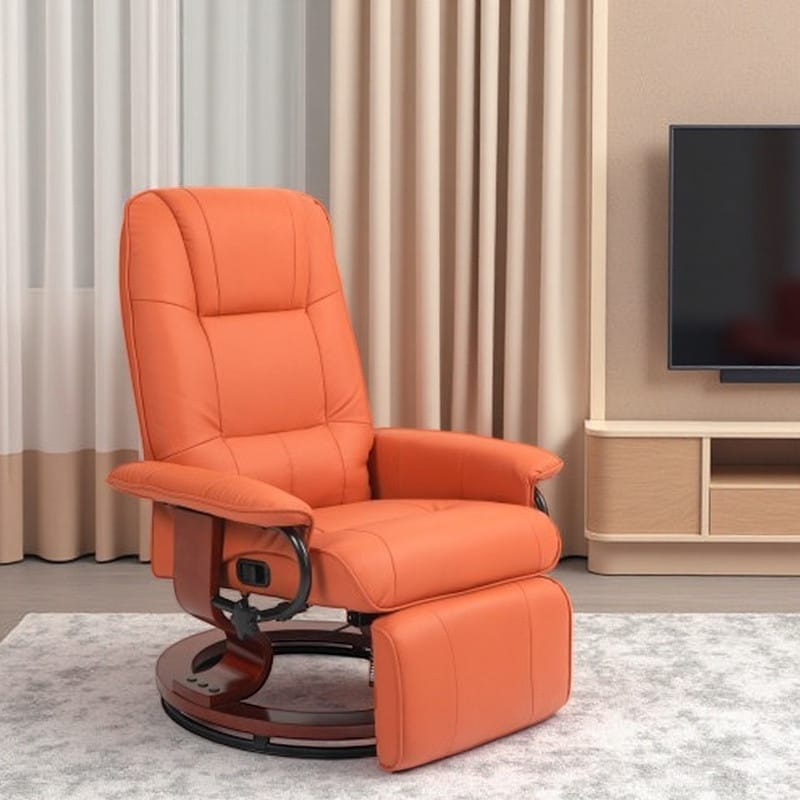 Orange Faux Leather Recliner Chair with Swivel Wooden Base, Manual Adjustable Lounge Armchair with Footrest and Padded Support