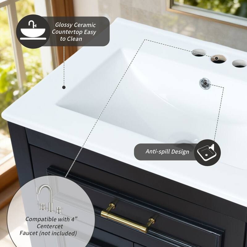 24" Bathroom Vanity with Integrated Ceramic Sink, Bathroom Cabinet with 2 Doors