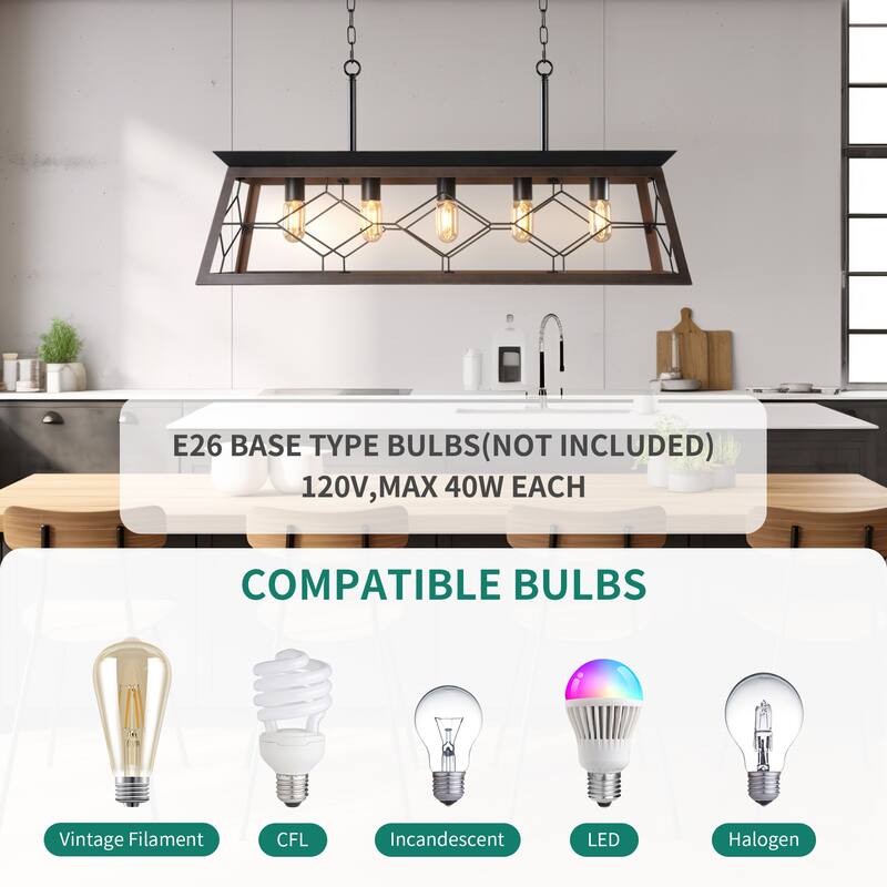Moasis 5-Light Rectangle Farmhouse Rustic Chandelier For Kitchen Island