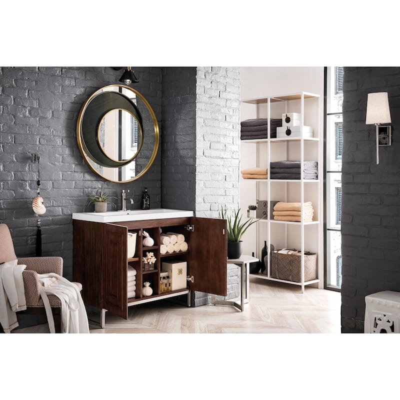 James Martin Vanities Alicante 39.5" Single Vanity Cabinet, Mid Century Acaia, w/ White Glossy Composite Stone Countertop