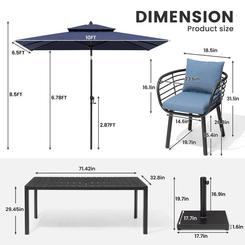 9/11-Piece Outdoor Patio Dining Set w/10 ft Umbrella and Base Aluminum Dining Table and Dining Chairs with Sunbrella Cushions