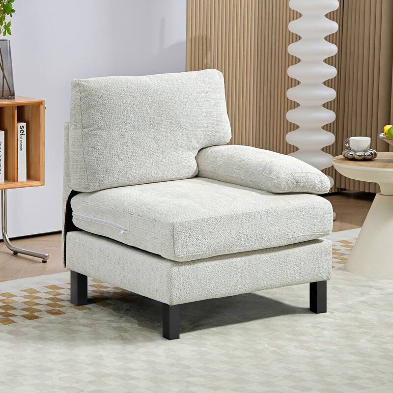 Modular Sectional Sofa Right Facing Armchair with Wood Legs and Pocket Spring, Cream White