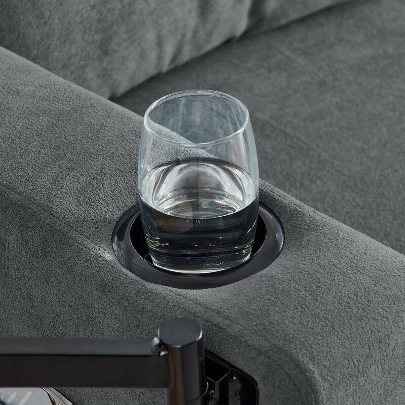 Pull Out Sleeper Sofa Bed Chenille L-shaped Sectional Couch with Storage Chaise, Retractable Table, LED, USB and Cup Holders