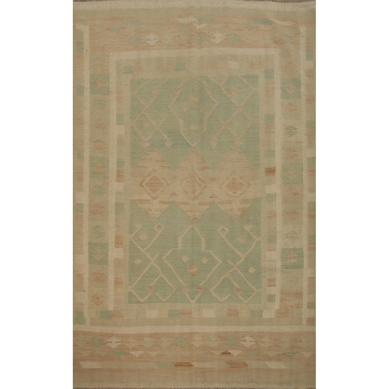 Hand Woven Oriental 100% Wool Carpet Southwestern Tribal Green Kilim Area Rug - 6' 4'' X 4' 7''