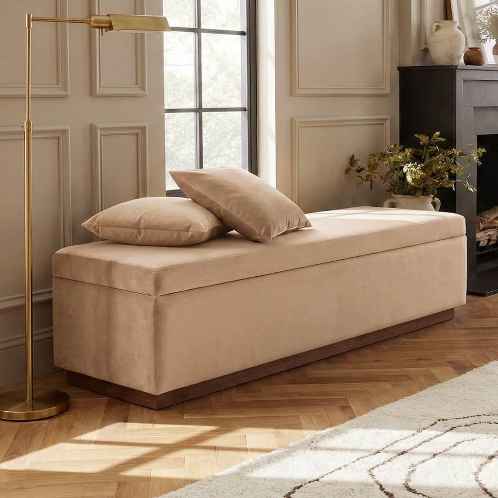 60" Wide Mid-Century Velvet Storage Bench With Solid Wood Base