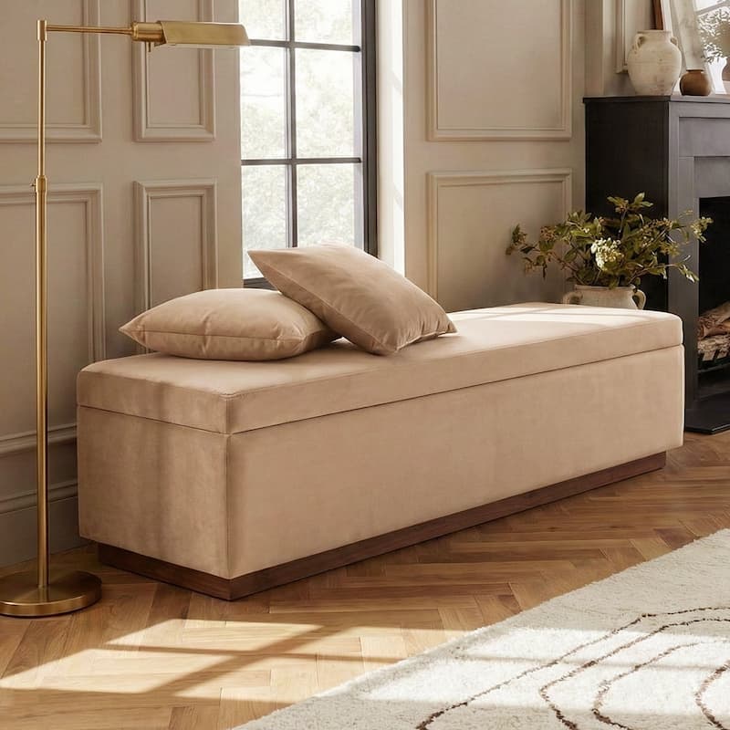 60" Wide Mid-Century Velvet Storage Bench With Solid Wood Base