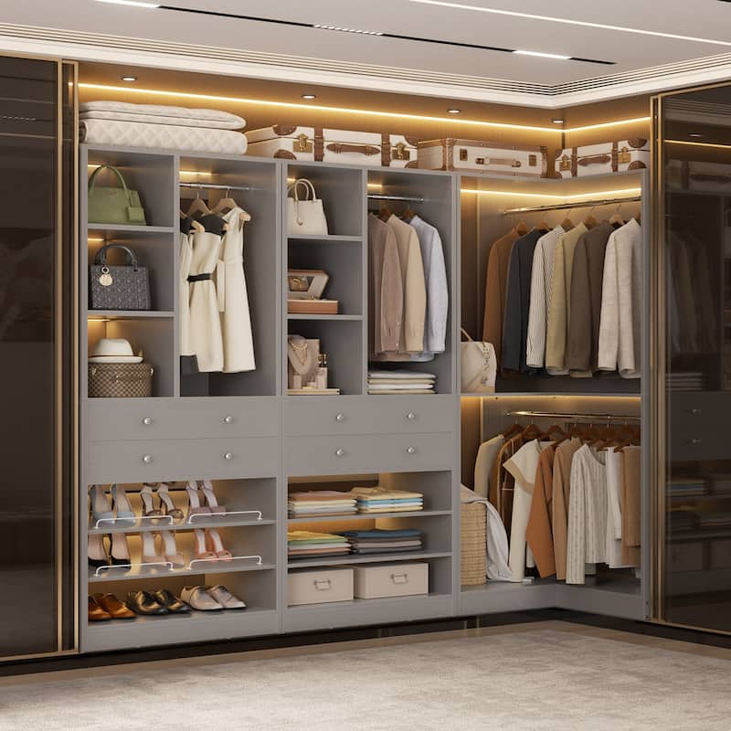 Grimm Set of 2/ 3 Coner Closet System with Shoe Racks and Drawers, Freestanding Closet Organizer with Hanging Rods and Shelves - Set of 3 - Grey