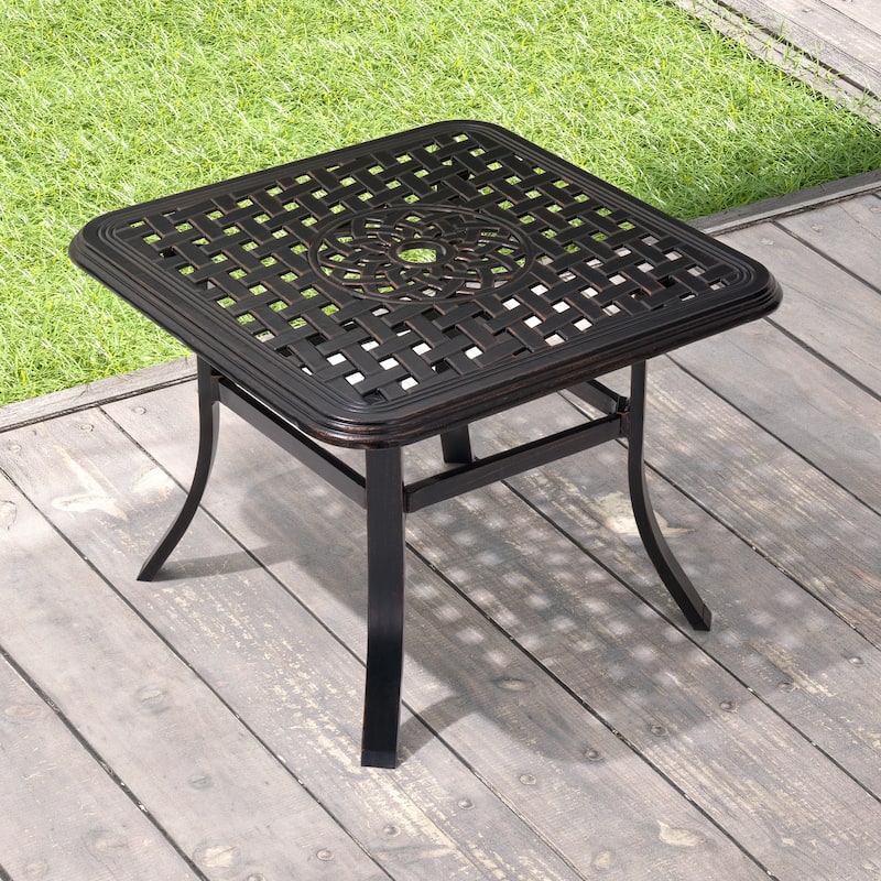 Cast Aluminum Patio Side Table Outdoor Square Table with Umbrella Hole - 24.02" L x 24.02" W x 17.52" H - 24.02" L x 24.02" W x 17.52" H - Black with Bronze Spot