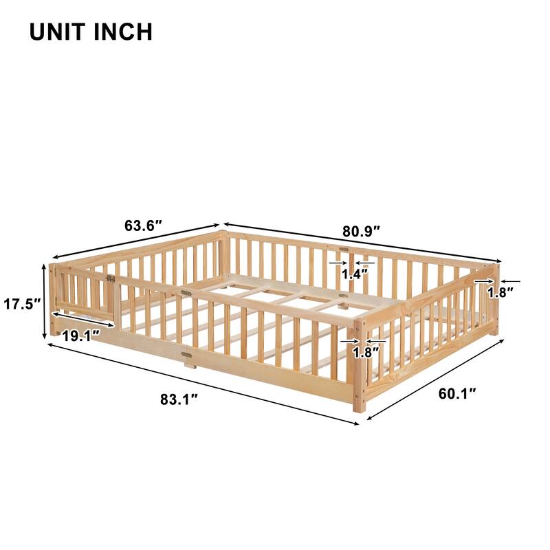 Queen size Floor Platform Bed with Fence Guardrails and Door