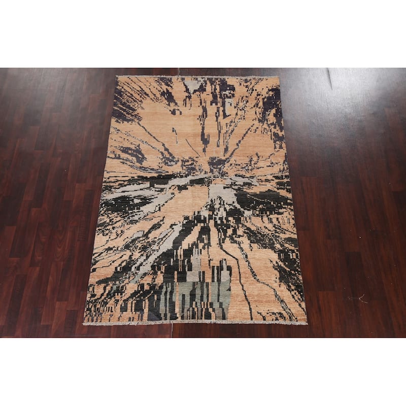Abstract Contemporary Oriental Wool Area Rug Hand-knotted Foyer Carpet - 5'3" x 7'8"
