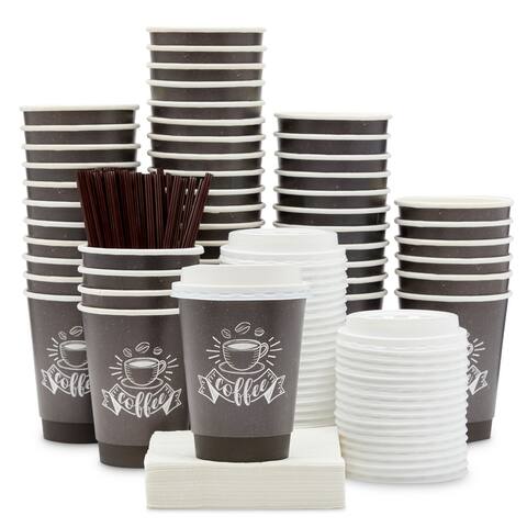50 Pack 12 oz Disposable Paper Coffee Cups with Lids, Stir Straws, and Napkins for Hot Drinks To Go (Black)