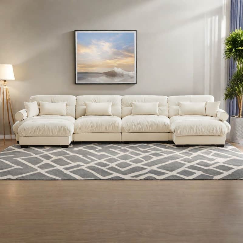 166" 4-Seat Velvet U-Shaped Sectional Cloud Couch with Movable Ottomans, Bolstered Armrests, and Included Pillows - Cream