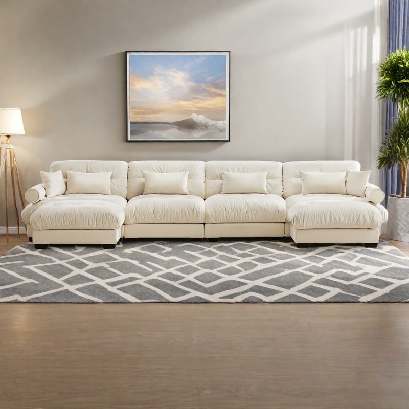 166" 4-Seat Velvet U-Shaped Sectional Cloud Couch with Movable Ottomans, Bolstered Armrests, and Included Pillows