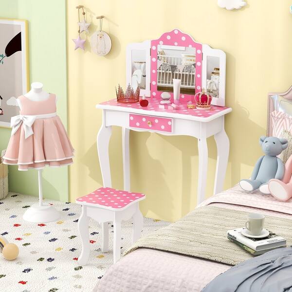 slide 2 of 9, Kids Princess Makeup Dressing Table with Polka Dot Design for Pretend Play - 24" L x 11" W x 38.5" H Kids