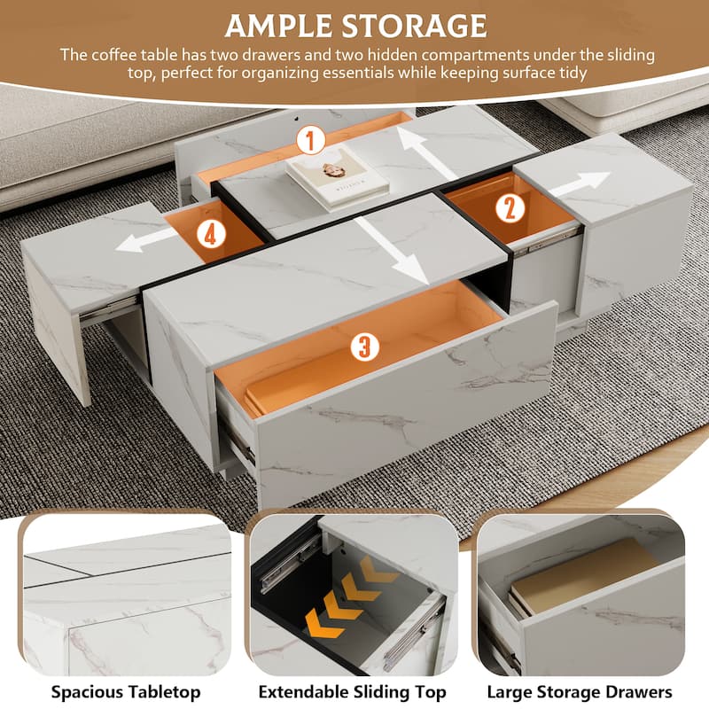 47.2" MDF Coffee Table with Sliding Top and Hidden Storage for Living Room