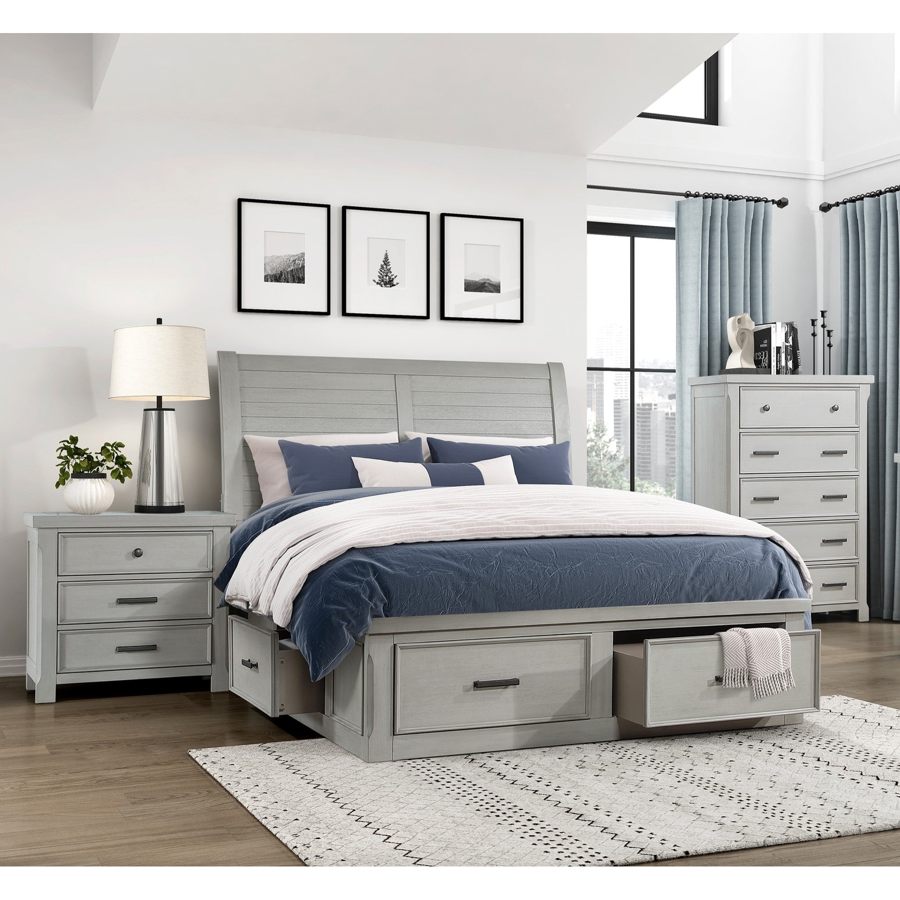 Light Gray Finish Bedroom Set 3Pc Storage Bed Chest Nightstand Furniture