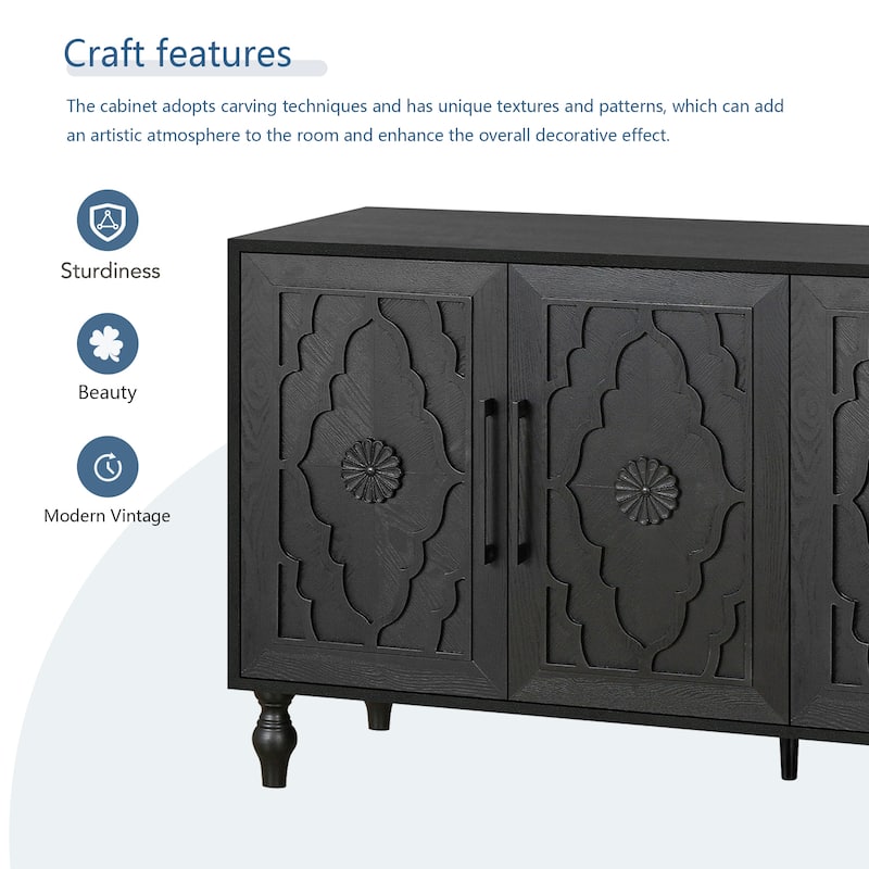 Carved Flower Door Large Storage Dresser With Metal Handle Suitable for Living Room,Kitchen,Entryway