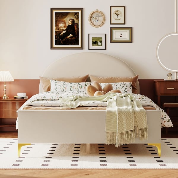 slide 2 of 30, Full Size Velvet Upholstered Platform Bed with Classic Semi-circle Shaped Headboard and Mental Legs for Kids Teens Adults Beige