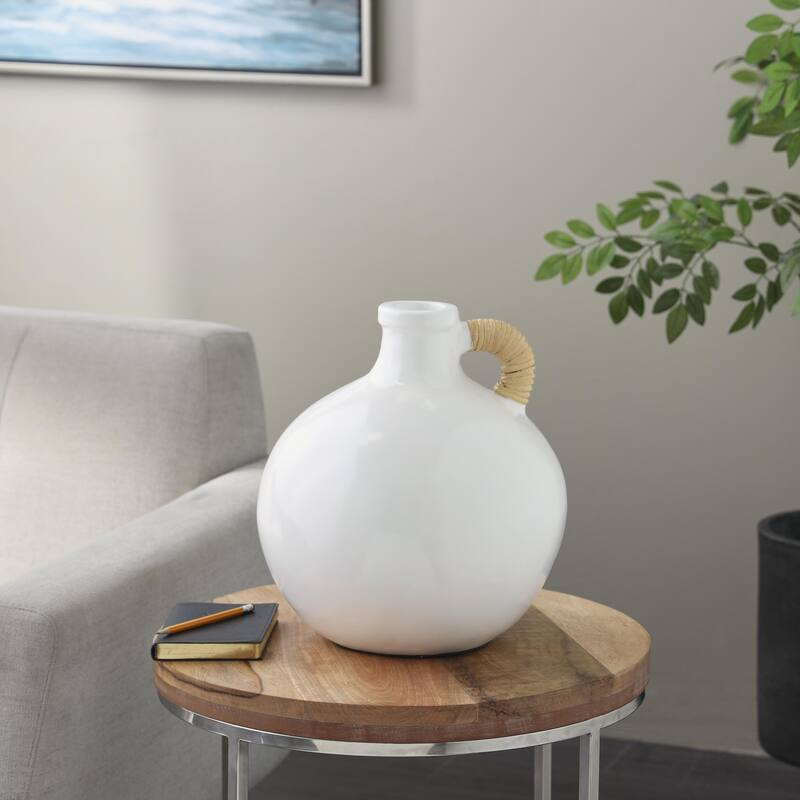 White Ceramic Jug Inspired Decorative Vase with Rattan Wrapped Handle