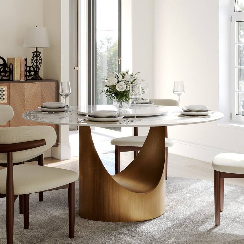 Modern Round Dining Table for Diningroom，White Glossy Stone Tabletop,Bronze Carbon Pedestal