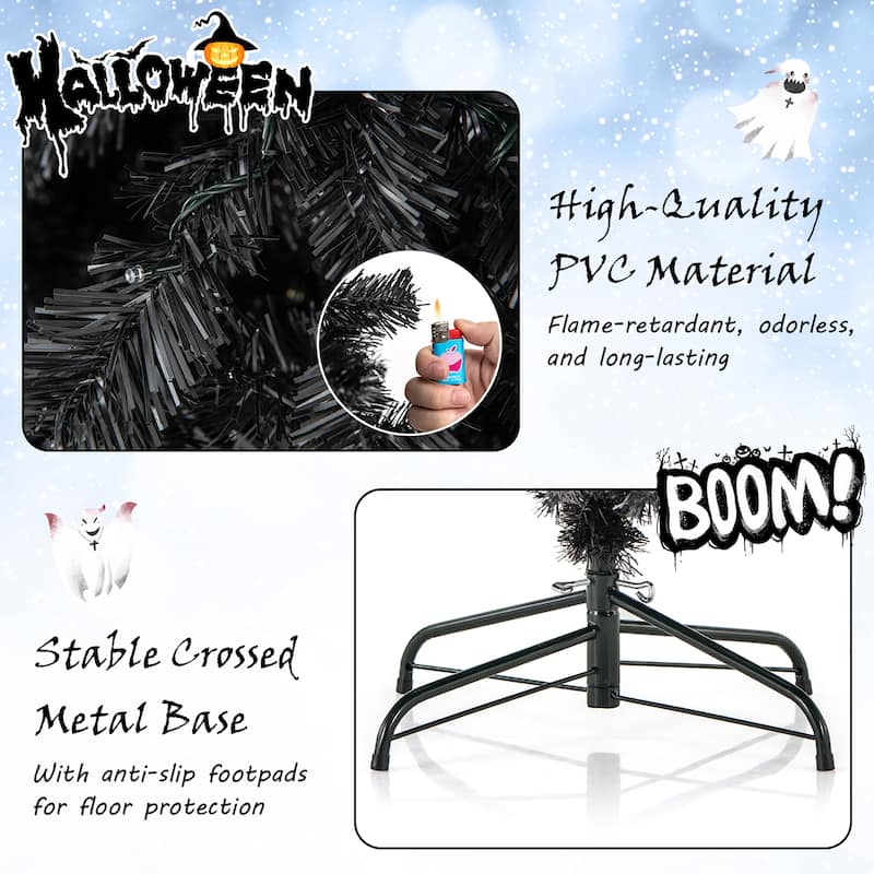 Gymax 6/7 FT Artificial Halloween Tree Pre-Lit Black Christmas Tree w/